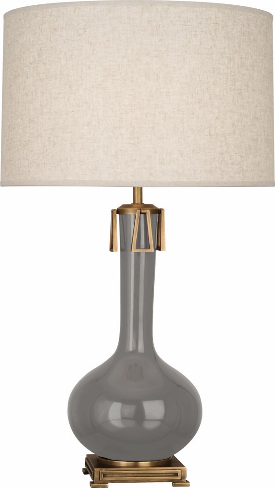 Robert Abbey Lighting-ST992-Athena 1-Light Table Lamp 9 Inches Wide and 31.625 Inches Tall Smoky Taupe  Brown Tea Glazed/Aged Brass Finish with Open Weave Heather Linen Shade