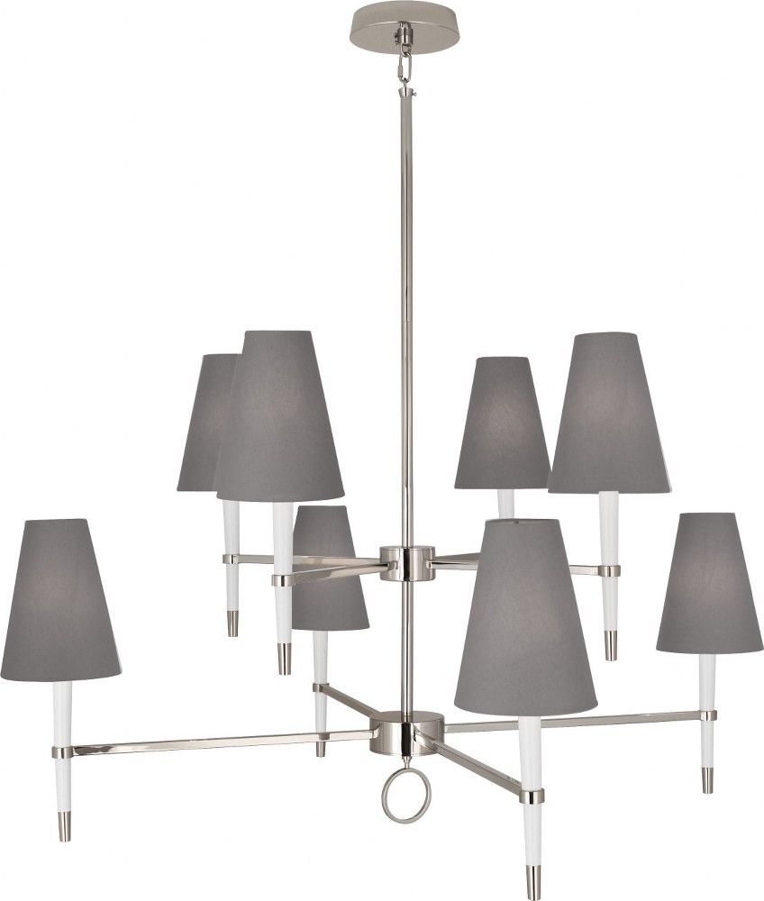 Robert Abbey Lighting-WH673-Jonathan Adler Ventana-Eight Light Chandelier-42.5 Inches Wide by 26 Inches High   White Wood/Polished Nickel Finish with Dark Gray Cotton Shade