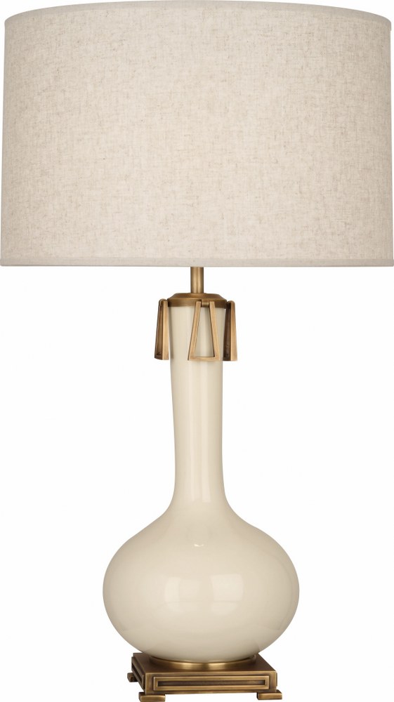 Robert Abbey Lighting-BN992-Athena 1-Light Table Lamp 9 Inches Wide and 31.625 Inches Tall Bone  Brown Tea Glazed/Aged Brass Finish with Open Weave Heather Linen Shade