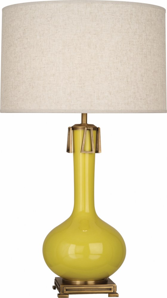 Robert Abbey Lighting-CI992-Athena 1-Light Table Lamp 9 Inches Wide and 31.625 Inches Tall Citron  Brown Tea Glazed/Aged Brass Finish with Open Weave Heather Linen Shade