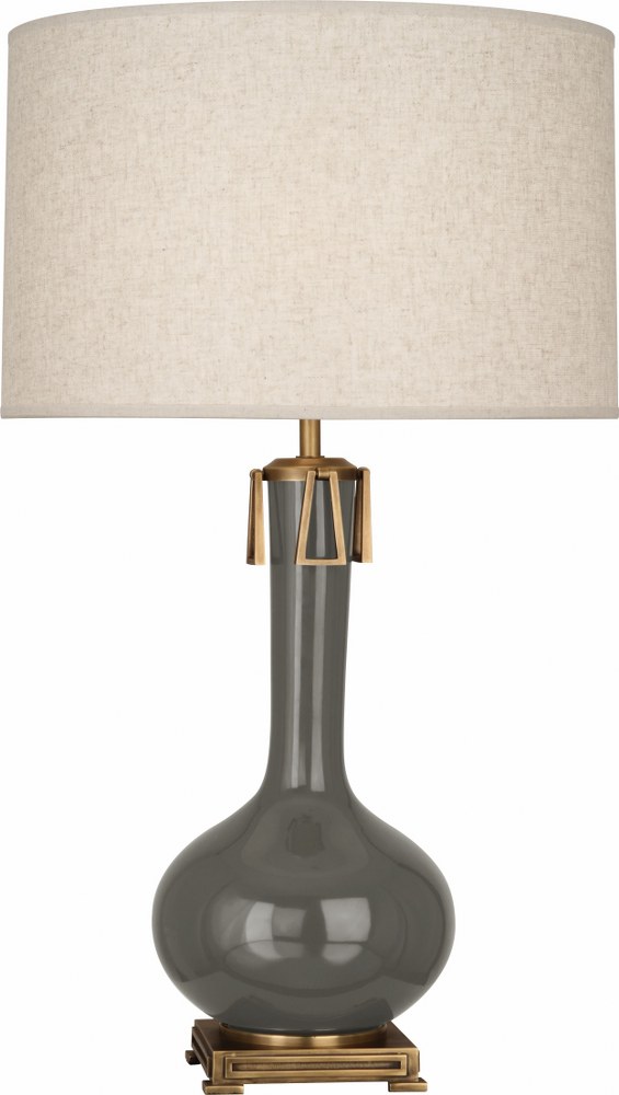 Robert Abbey Lighting-CR992-Athena 1-Light Table Lamp 9 Inches Wide and 31.625 Inches Tall Ash  Brown Tea Glazed/Aged Brass Finish with Open Weave Heather Linen Shade