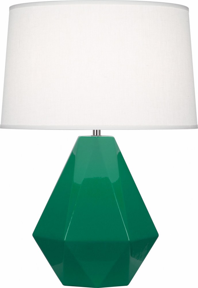 Robert Abbey Lighting-EG930-Delta 1-Light Table Lamp 10.25 Inches Wide and 22.5 Inches Tall Emerald Green  Brown Tea Glazed/Polished Nickel Finish with Oyster Linen Shade