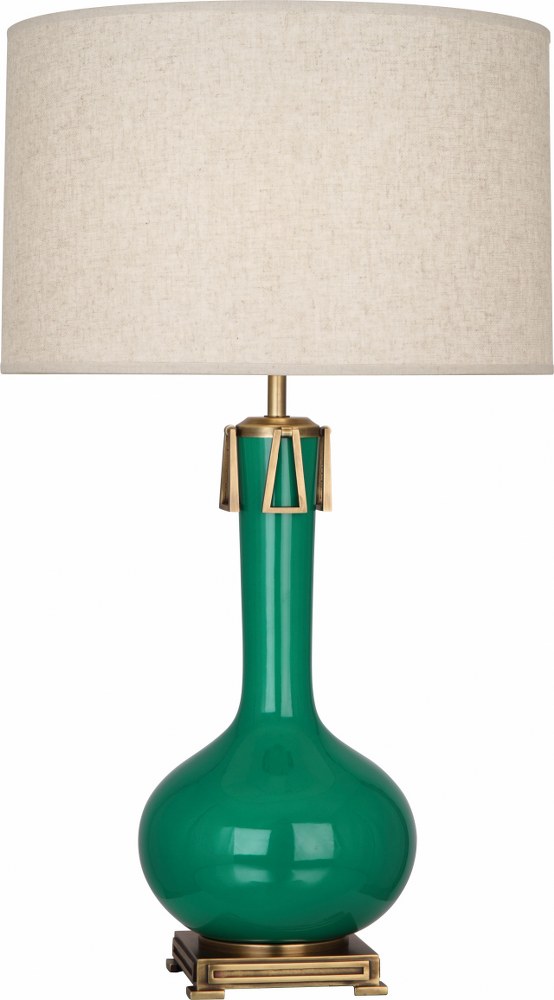 Robert Abbey Lighting-EG992-Athena 1-Light Table Lamp 9 Inches Wide and 31.625 Inches Tall Emerald Green  Brown Tea Glazed/Aged Brass Finish with Open Weave Heather Linen Shade