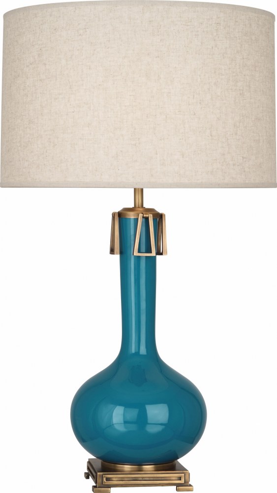 Robert Abbey Lighting-PC992-Athena 1-Light Table Lamp 9 Inches Wide and 31.625 Inches Tall Peacock  Brown Tea Glazed/Aged Brass Finish with Open Weave Heather Linen Shade