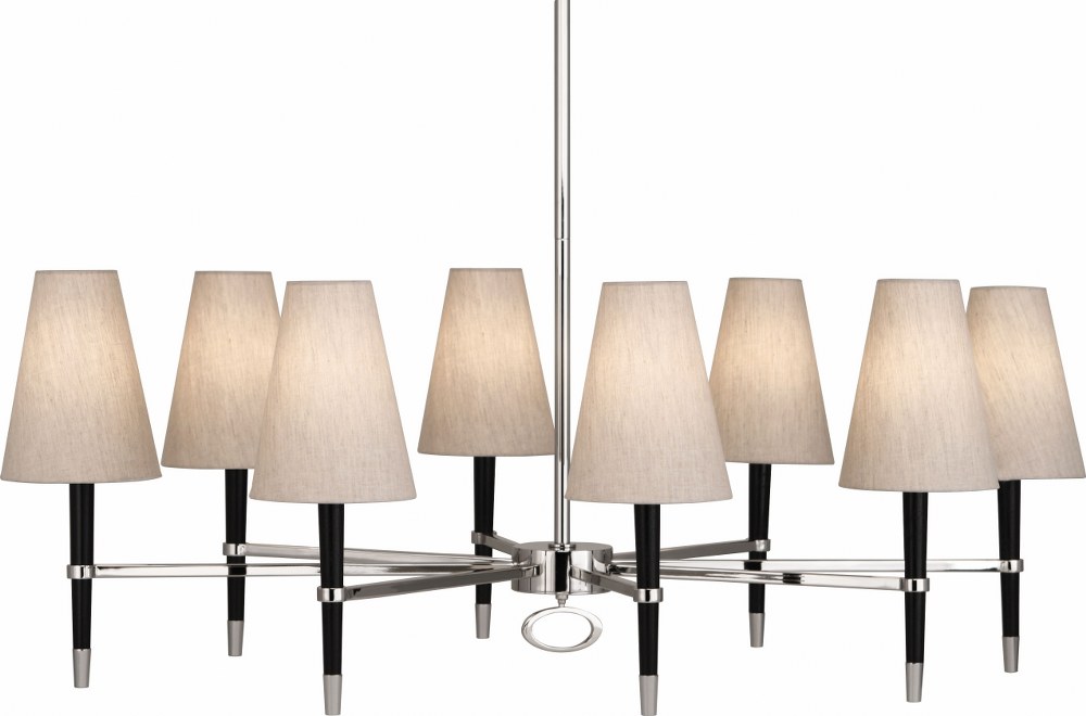 Robert Abbey Lighting-PN718-Jonathan Adler Ventana 8-Light Chandelier 44.5 Inches Wide and 16.25 Inches Tall Ebony Polished Nickel Ebony Wood/Antique Brass Finish with Natural Linen Fabric Shade