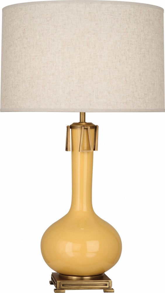 Robert Abbey Lighting-SU992-Athena 1-Light Table Lamp 9 Inches Wide and 31.625 Inches Tall Sunset  Brown Tea Glazed/Aged Brass Finish with Open Weave Heather Linen Shade