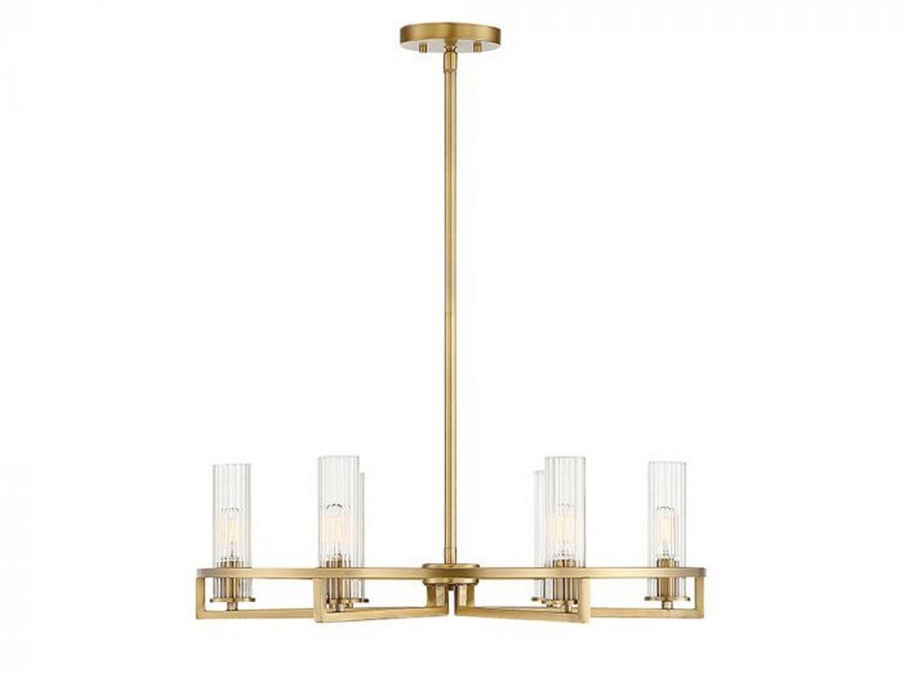 Savoy House-1-806-6-322-6 Light Chandelier-Contemporary Style with Modern and Scandinavian Inspirations-8 inches tall by 26 inches wide   Warm Brass Finish with Clear Ribbed Glass