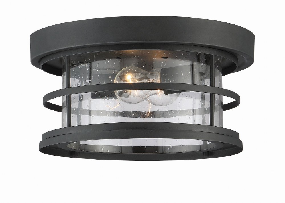 Savoy House-5-369-13-BK-2 Light Outdoor Flush Mount-Transitional Style with Farmhouse Inspirations-6.75 inches tall by 13 inches wide Black  Black Finish with Seeded Glass