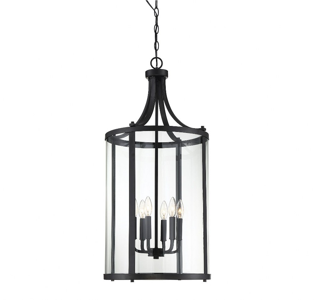 Savoy House-7-1041-6-BK-6 Light Medium Foyer-Transitional Style with Traditional and Contemporary Inspirations-34 inches tall by 16 inches wide Black  Satin Nickel Finish with Clear Glass