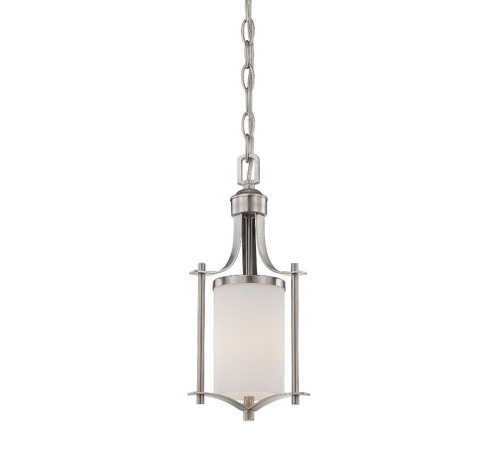 Savoy House-7-336-1-SN-1 Light Mini Pendant-Transitional Style with Contemporary Inspirations-14.5 inches tall by 6.5 inches wide   Satin Nickel Finish with White Opal Glass