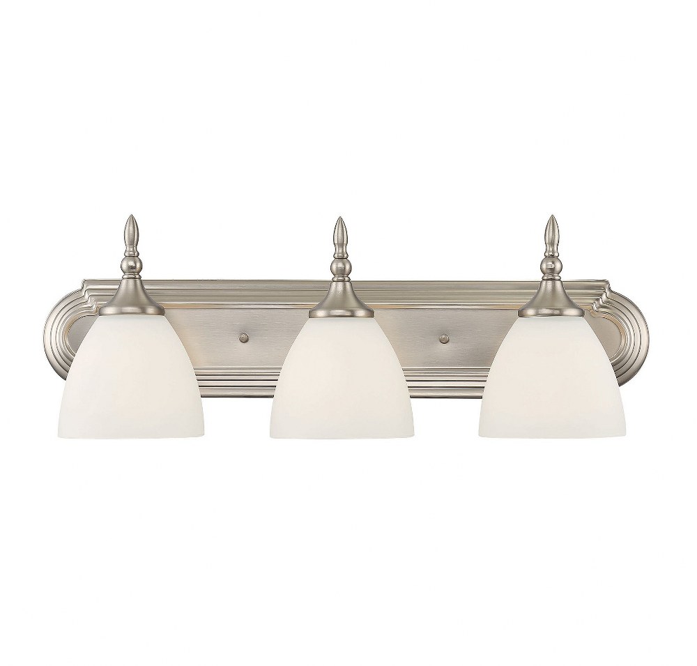 Savoy House-8-1007-3-SN-3 Light Bath Bar-Transitional Style with Traditional Inspirations-8 inches tall by 24 inches wide Satin Nickel  Satin Nickel Finish with White Frosted Glass