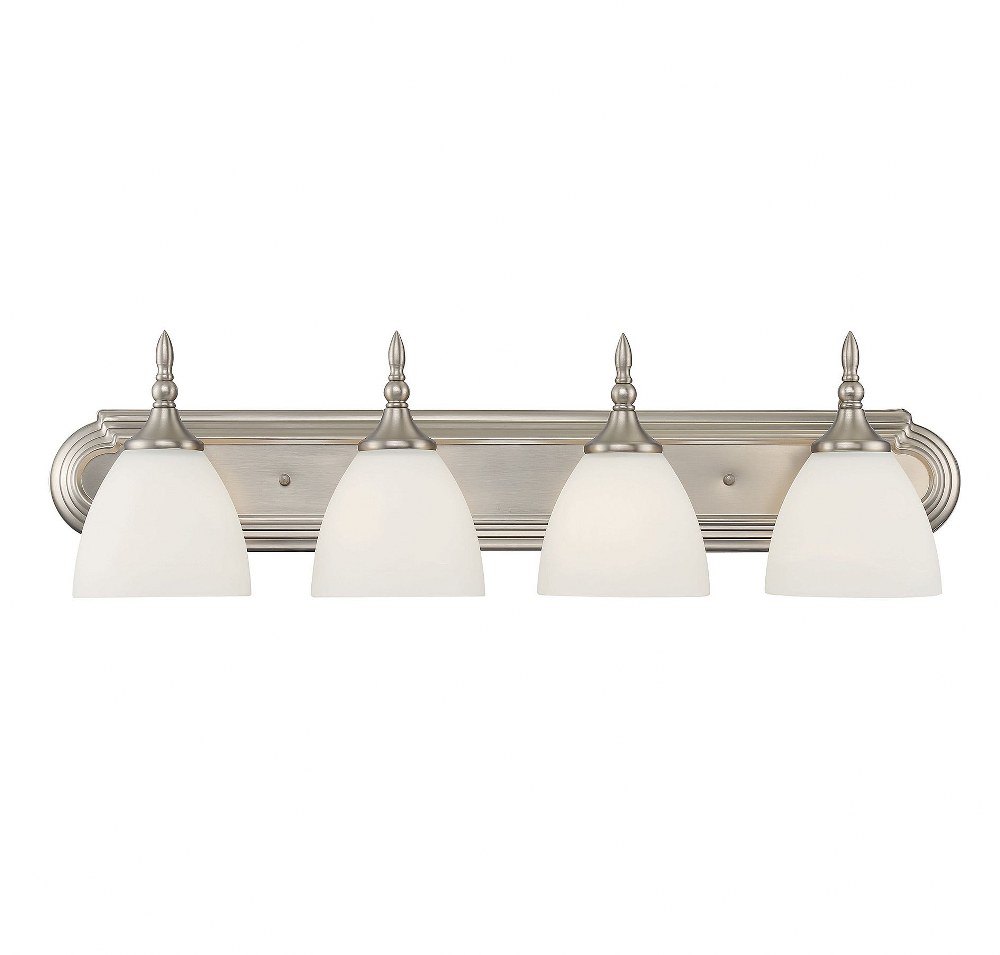 Savoy House-8-1007-4-SN-4 Light Bath Bar-Transitional Style with Traditional Inspirations-8 inches tall by 30 inches wide Satin Nickel  Satin Nickel Finish with White Frosted Glass