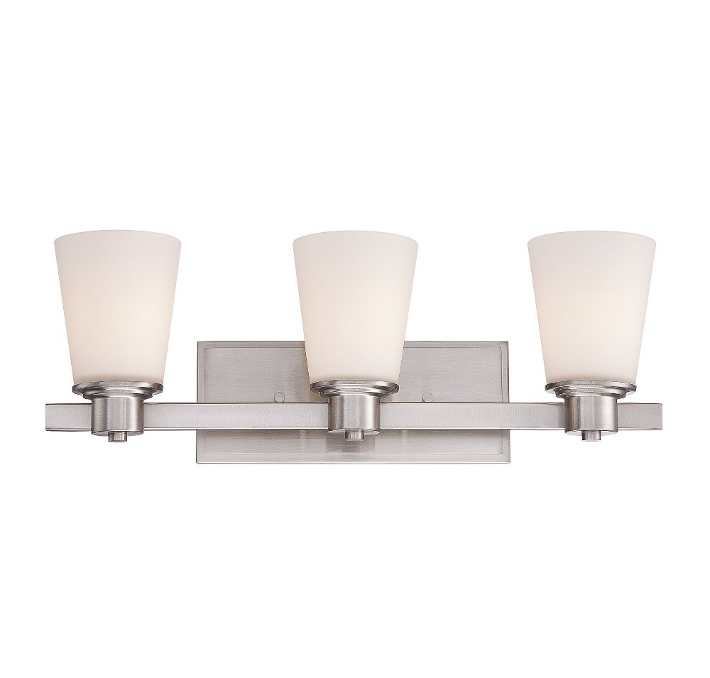 Savoy House-8-1080-3-SN-3 Light Bath Bar-Modern Style with Contemporary and Transitional Inspirations-8 inches tall by 23 inches wide   Satin Nickel Finish with White Etched Glass