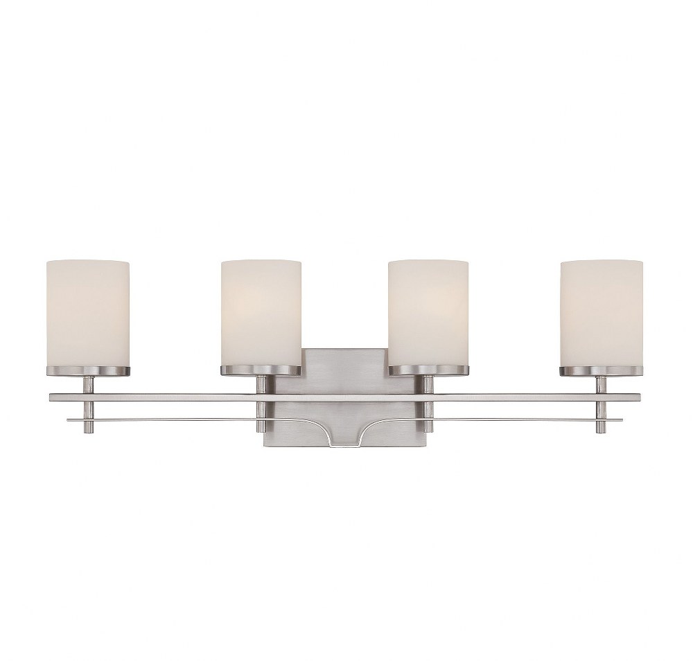 Savoy House-8-338-4-SN-4 Light Bath Bar-Transitional Style with Craftsman and Nautical Inspirations-9 inches tall by 28.5 inches wide   Satin Nickel Finish with White Opal Glass