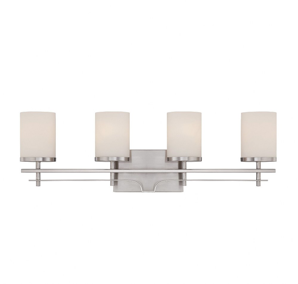 Savoy House-8-338-4-SN-4 Light Bath Bar-Transitional Style with Craftsman and Nautical Inspirations-9 inches tall by 28.5 inches wide Satin Nickel  Satin Nickel Finish with White Opal Glass