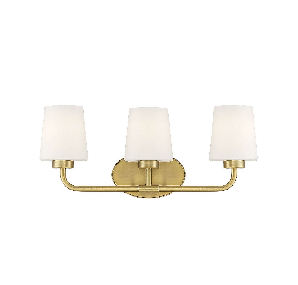 Savoy House-8-4090-3-322-3 Light Bath Vanity-Transitional Style with Modern and Mid-Century Modern Inspirations-9 inches tall by 22 inches wide Warm Brass  Polished Nickel Finish with White/Frosted Gl