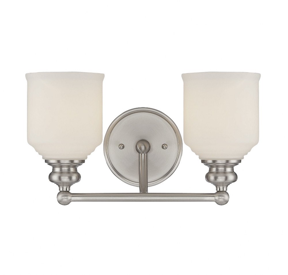Savoy House-8-6836-2-SN-2 Light Bath Bar-Traditional Style with Mid-Century Modern and Vintage Inspirations-7.75 inches tall by 14 inches wide   Satin Nickel Finish with White Opal Etched Glass