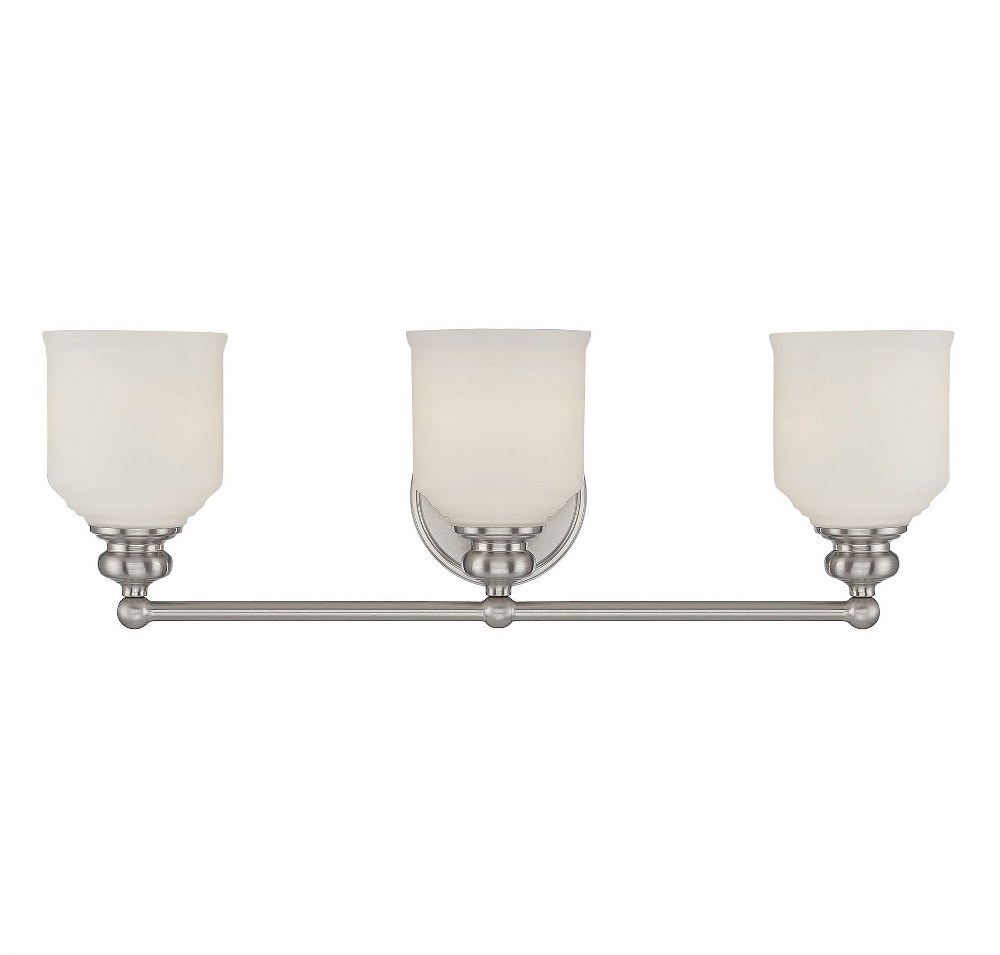 Savoy House-8-6836-3-SN-3 Light Bath Bar-Traditional Style with Mid-Century Modern and Vintage Inspirations-7.75 inches tall by 24 inches wide   Satin Nickel Finish with White Opal Etched Glass