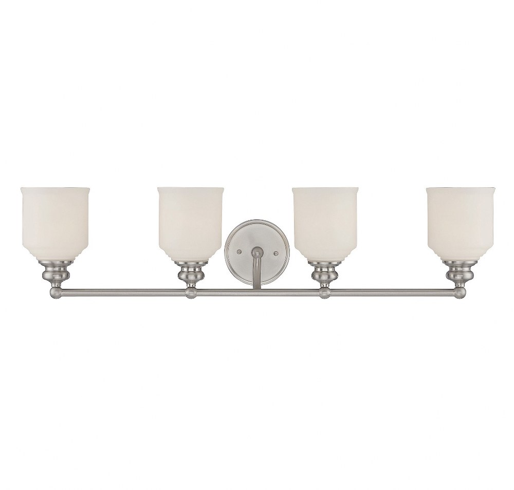 Savoy House-8-6836-4-SN-4 Light Bath Bar-Traditional Style with Mid-Century Modern and Vintage Inspirations-7.75 inches tall by 33.5 inches wide   Satin Nickel Finish with White Opal Etched Glass