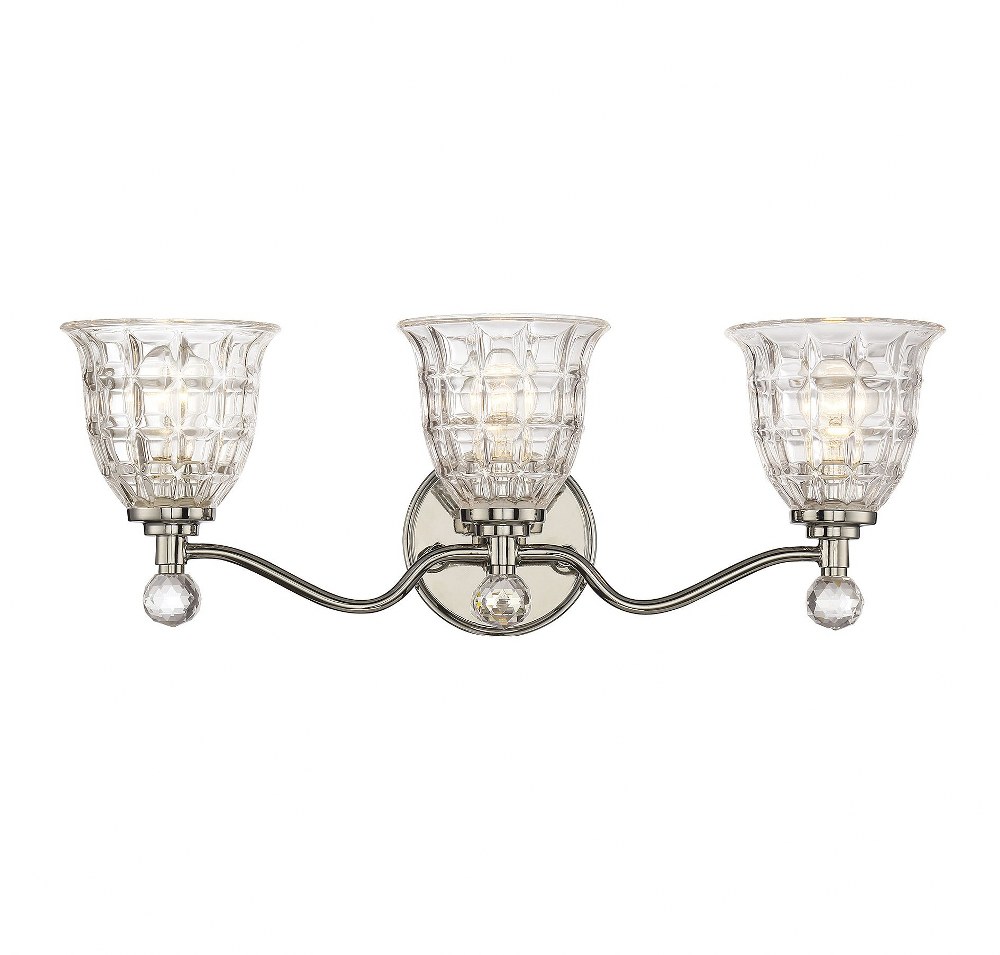 Savoy House-8-880-3-109-3 Light Bath Bar-Glam Style with Transitional and Traditional Inspirations-8.5 inches tall by 24 inches wide   Polished Nickel Finish with Clear Crystal Glass with Clear/Hand C