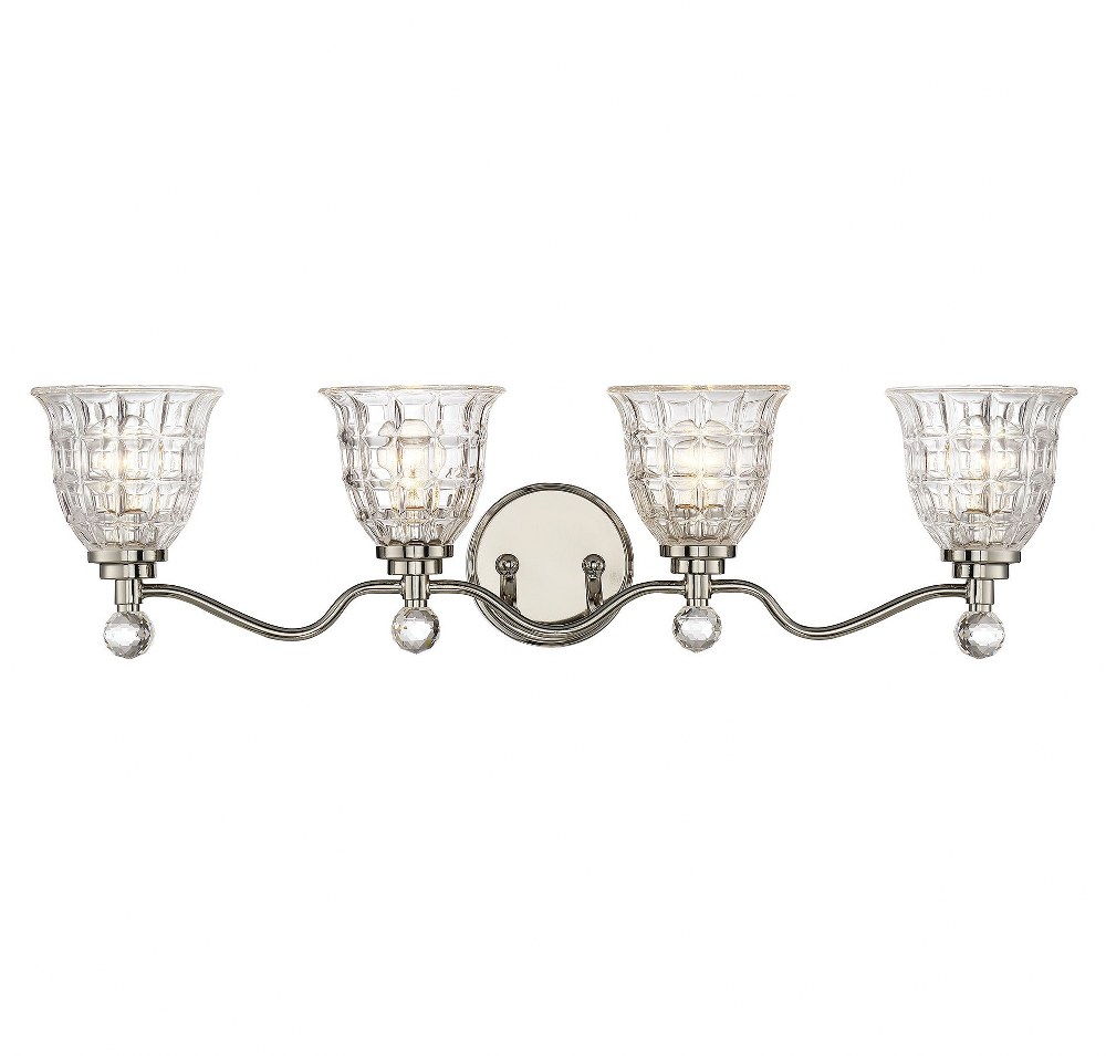 Savoy House-8-880-4-109-4 Light Bath Bar-Glam Style with Transitional and Traditional Inspirations-8.5 inches tall by 33 inches wide   Polished Nickel Finish with Clear Crystal Glass with Clear/Hand C