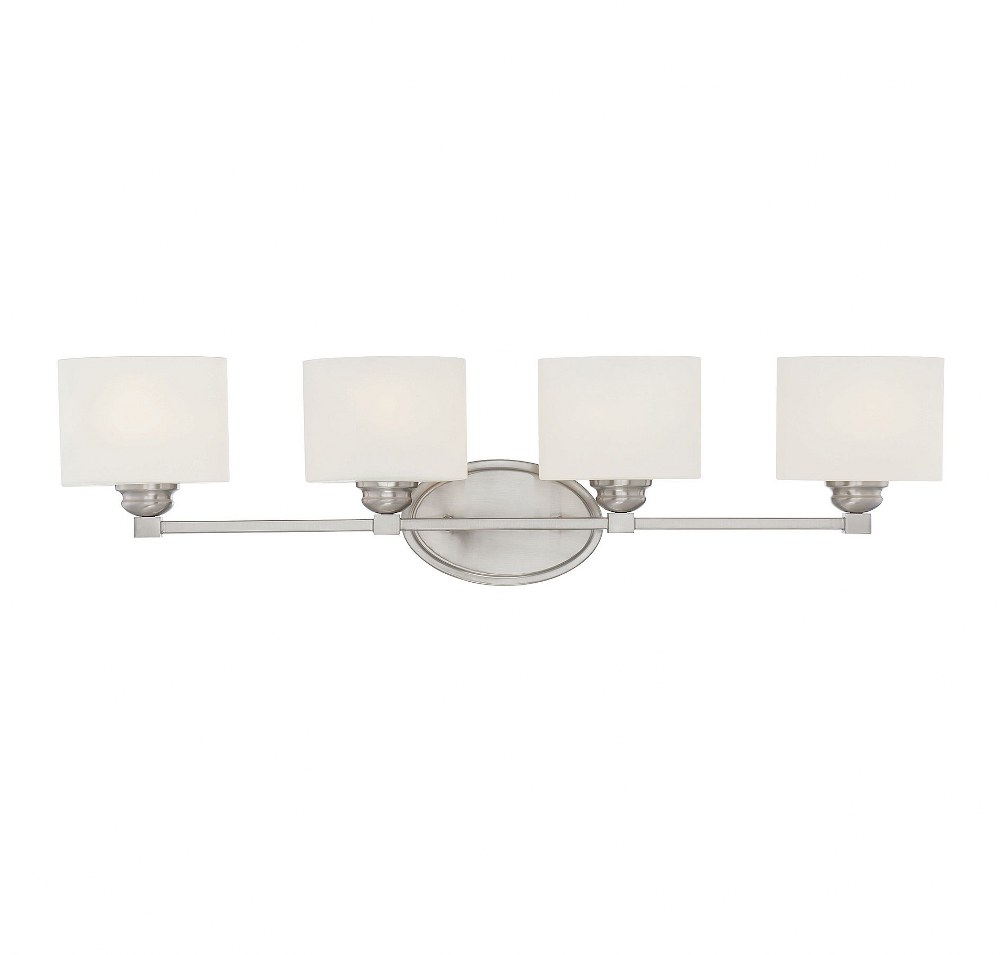 Savoy House-8-890-4-SN-4 Light Bath Bar-Modern Style with Contemporary and Transitional Inspirations-8.5 inches tall by 33 inches wide Satin Nickel  Satin Nickel Finish with White Etched Glass