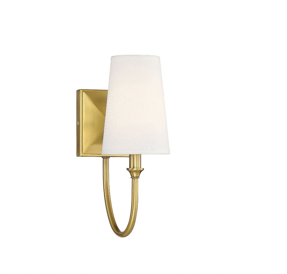 Savoy House-9-2542-1-322-1 Light Wall Sconce-Transitional Style with Modern and Farmhouse Inspirations-13 inches tall by 5 inches wide Warm Brass  Matte Black Finish with White Fabric Shade