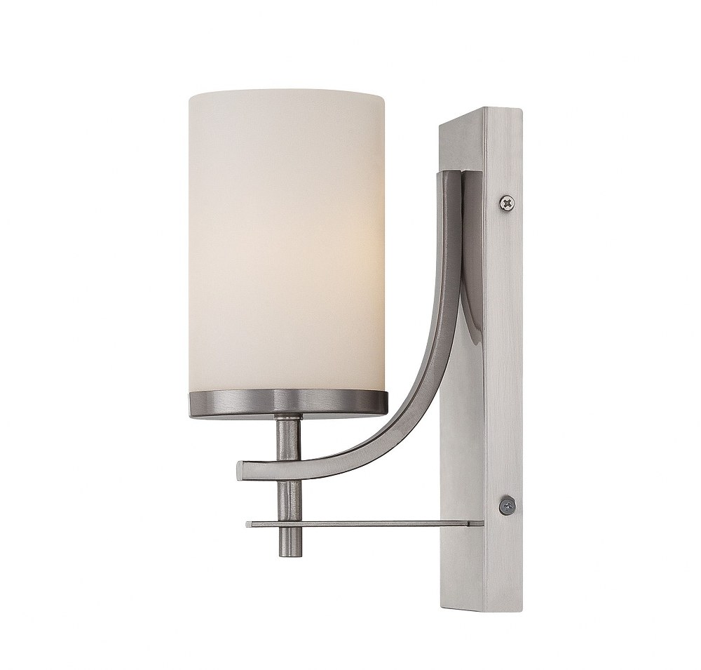 Savoy House-9-337-1-SN-1 Light Wall Sconce-Industrial Style with Transitional Inspirations-10 inches tall by 4.75 inches wide   Satin Nickel Finish with White Opal Glass