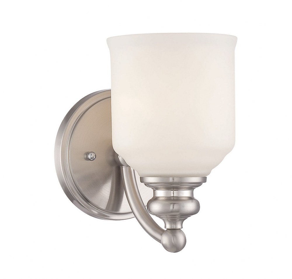 Savoy House-9-6836-1-SN-1 Light Wall Sconce-Industrial Style with Transitional Inspirations-7.75 inches tall by 5 inches wide   Satin Nickel Finish with White Opal Etched Glass