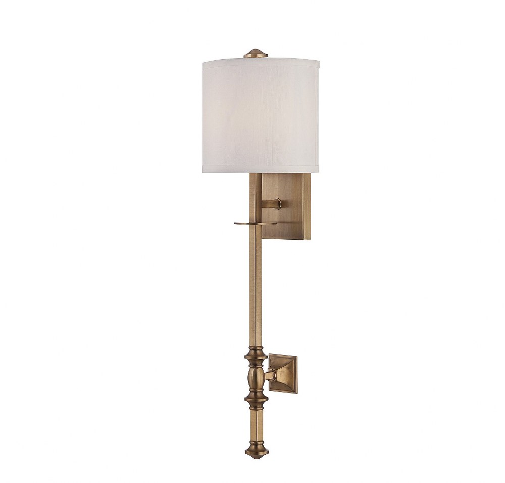 Savoy House-9-7140-1-322-1 Light Wall Sconce-Traditional Style with Transitional and Bohemian Inspirations-26.5 inches tall by 7.5 inches wide   Warm Brass Finish with White Fabric Shade