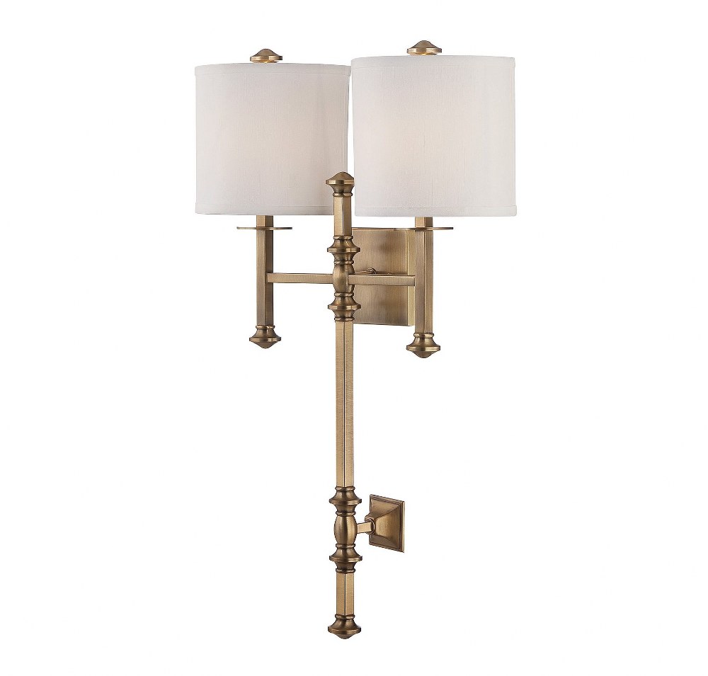 Savoy House-9-7141-2-322-2 Light Wall Sconce-Traditional Style with Transitional and Bohemian Inspirations-28.63 inches tall by 18 inches wide   Warm Brass Finish with White Fabric Shade