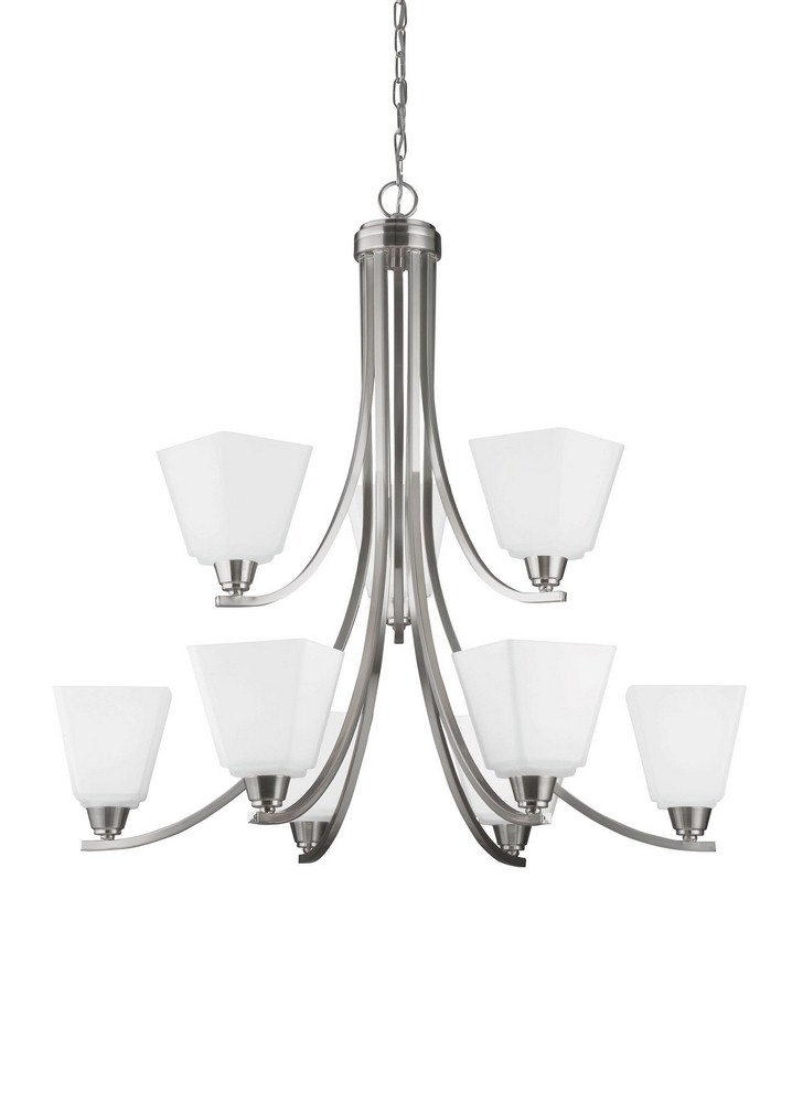 Sea Gull Lighting-3113009-962-Parkfield - Nine Light Chandelier Incandescent: 75 Watt  Brushed Nickel Finish with Etched/White Glass