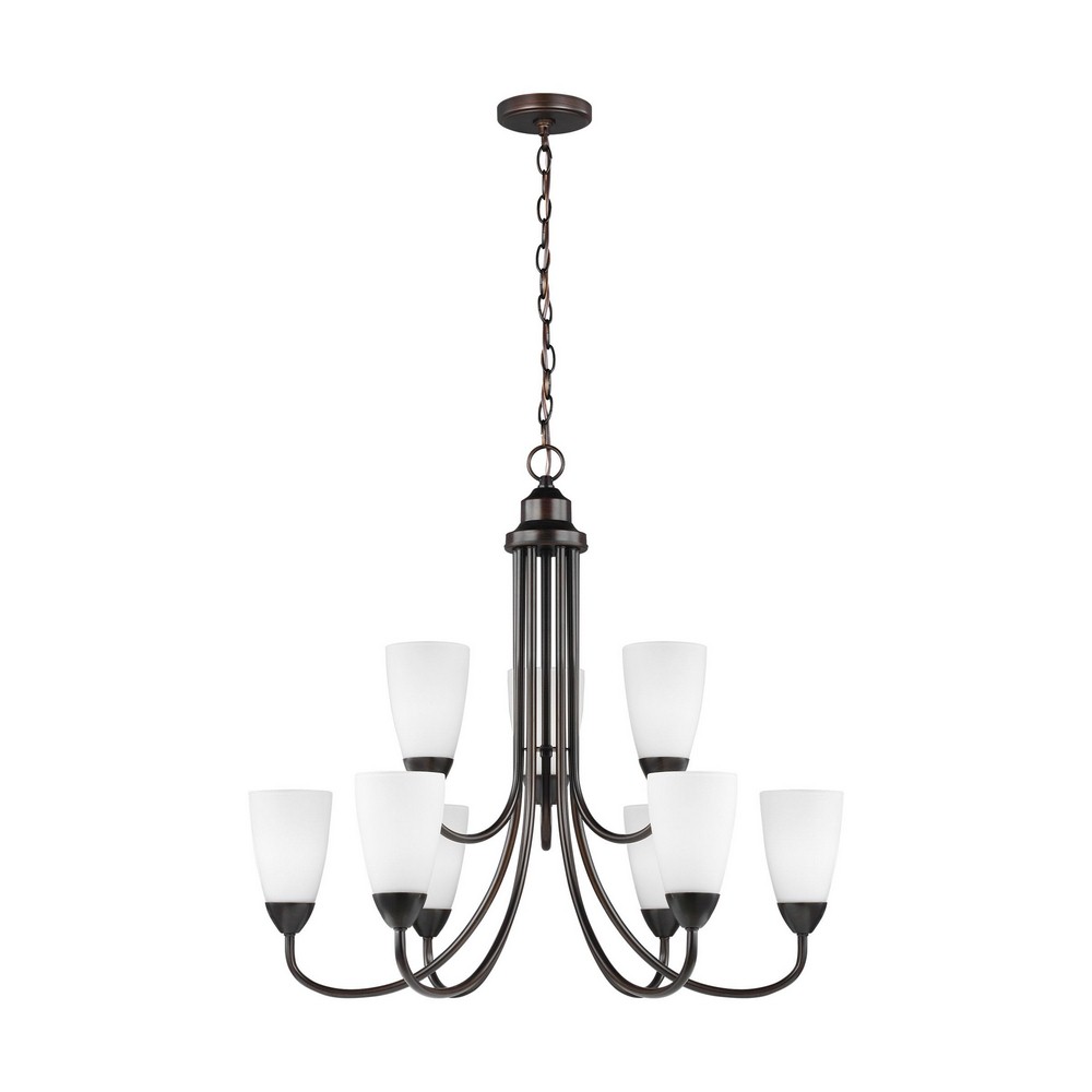 Sea Gull Lighting-3120209-710-Seville - 75W Nine Light 2-Tier Chandelier Bronze Incandescent Brushed Nickel Finish with Etched/White Glass