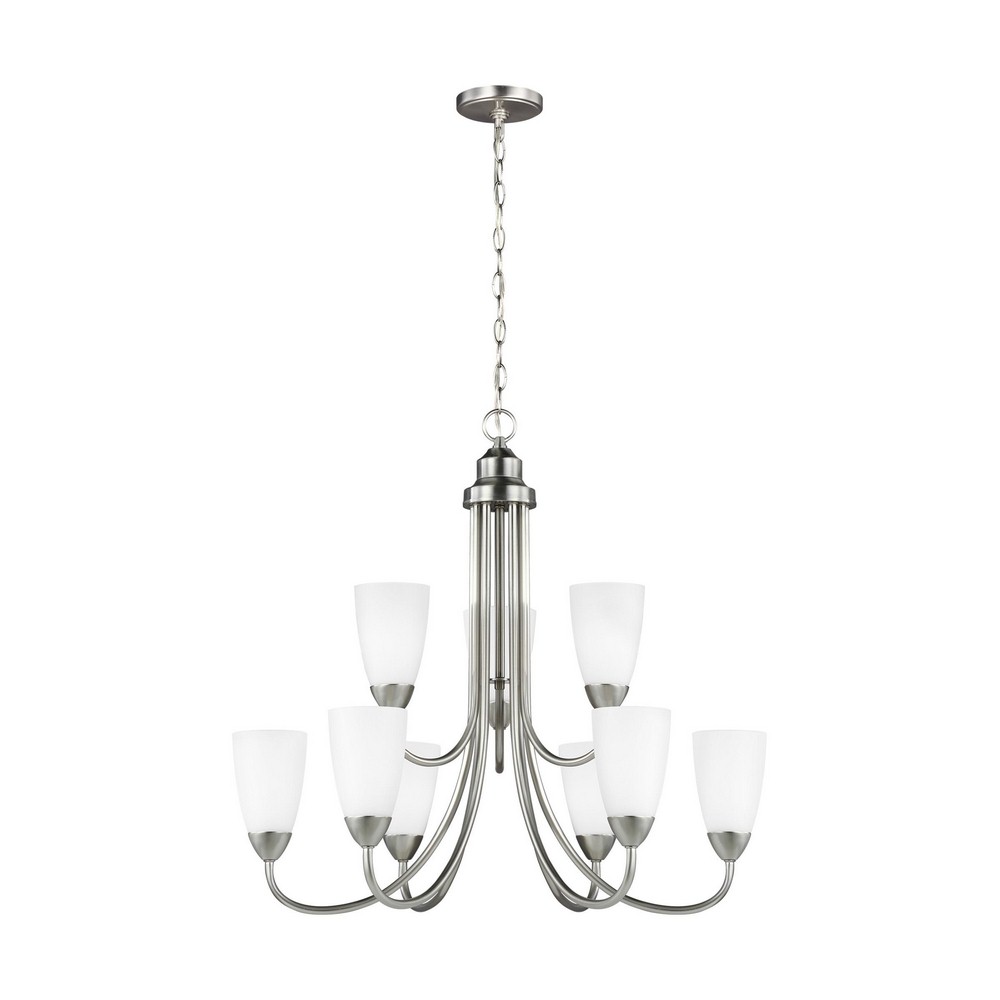 Sea Gull Lighting-3120209-962-Seville - 75W Nine Light 2-Tier Chandelier Transitional  Brushed Nickel Finish with Etched/White Glass