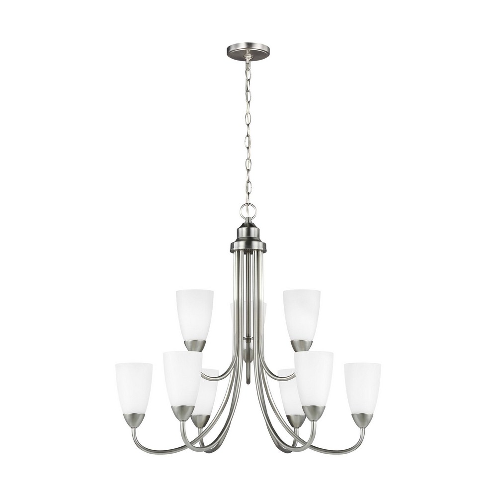 Sea Gull Lighting-3120209EN3-962-Seville - 75W Nine Light 2-Tier Chandelier Brushed Nickel LED Brushed Nickel Finish with Etched/White Glass