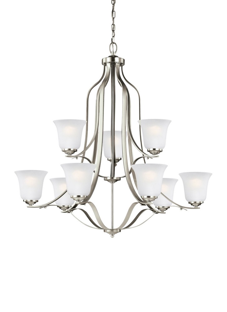 Sea Gull Lighting-3139009-962-Emmons - 75W Nine Light 2-Tier Chandelier Brushed Nickel Incandescent Brushed Nickel Finish with Satin Etched Glass