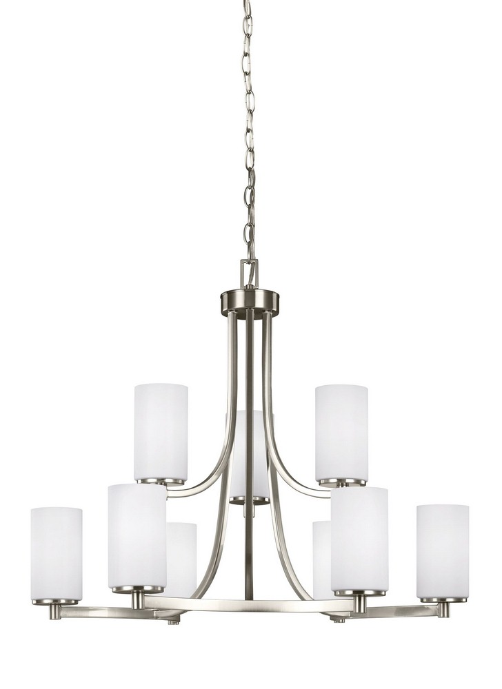 Sea Gull Lighting-3139109-962-Hettinger - 60W Nine Light 2-Tier Chandelier Brushed Nickel Incandescent Brushed Nickel Finish with Etched/White Glass