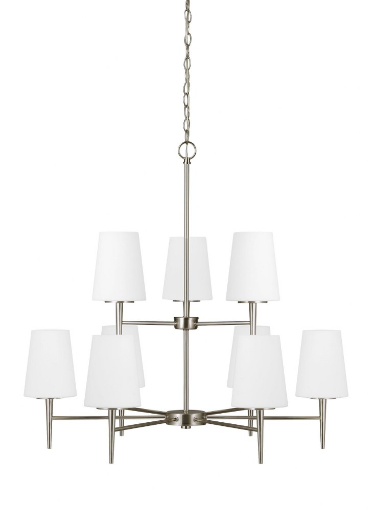 Sea Gull Lighting-3140409-962-Driscoll - Nine Light Chandelier   Brushed Nickel Finish with Etched/White Glass