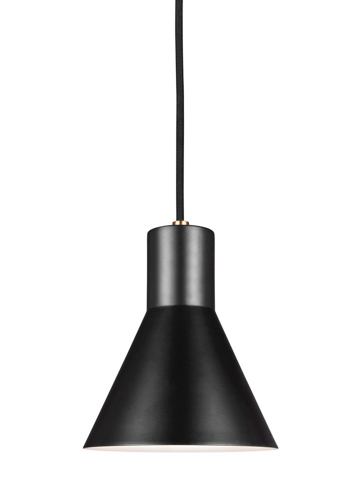 Sea Gull Lighting-6141301-848-Towner - 60W One Light Mini-Pendant in Transitional Style - 7 inches wide by 8.5 inches high Satin Brass Incandescent Brushed Nickel Finish with Black Shade