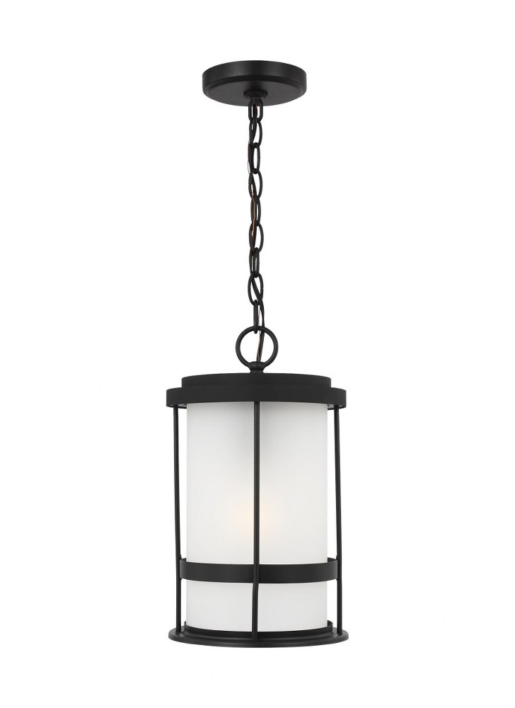 Sea Gull Lighting-6290901-12-Wilburn - 1 Light Outdoor Pendant - 8 inches wide by 14 inches high Black Incandescent Black Finish with Satin Etched Glass