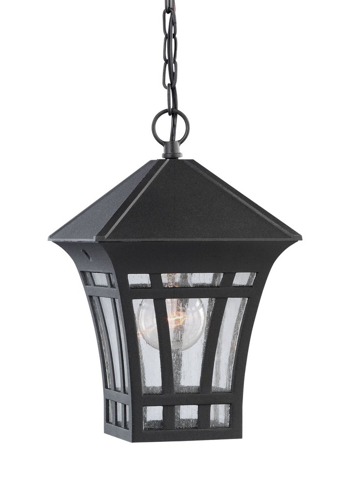 Sea Gull Lighting-69131-12-Herrington - 100W One Light Outdoor Pendant Black Incandescent Black Finish with Etched/White Glass