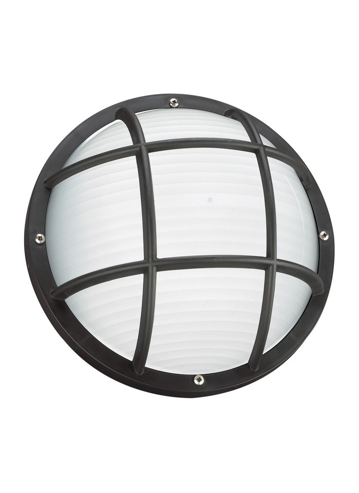 Sea Gull Lighting-89807-12-Bayside - 75W One Light Outdoor Wall/Flush Mount Black Incandescent White Finish with Frosted Ribbed Glass