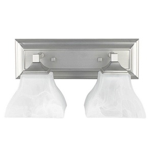 Sunset Lighting-F3642-80-Two Light Bath Bracket with Rectangular Backplate   Bright Satin Nickel Finish with Faux Alabaster Glass