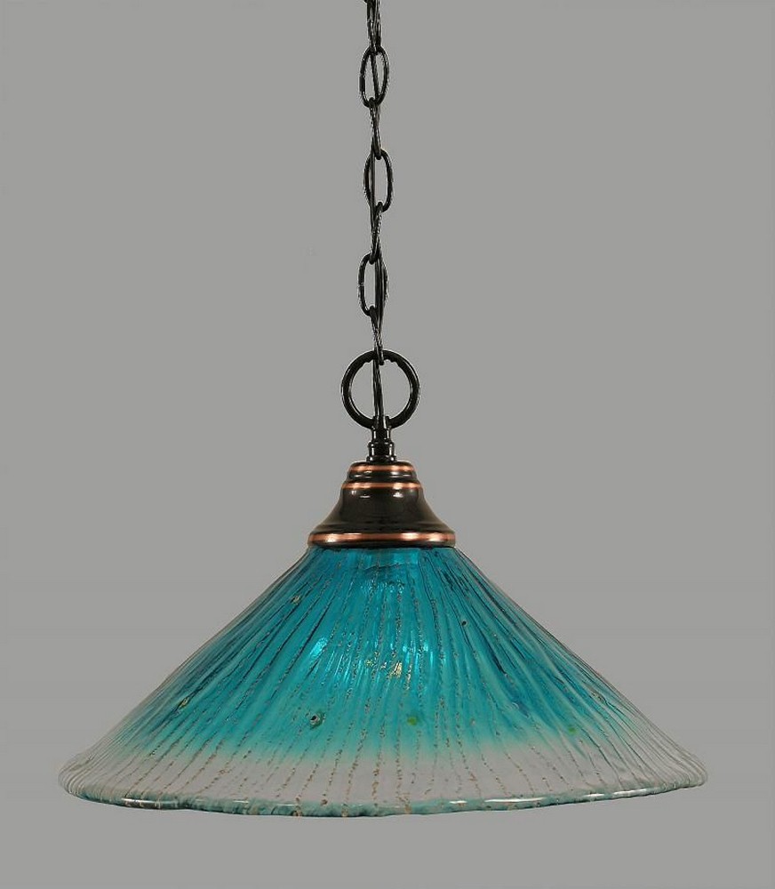 Toltec Lighting-10-BC-715-Hung-One Light Chain Pendant-15 Inches Wide by 11.5 Inches High   Black Copper Finish with Teal Crystal Glass