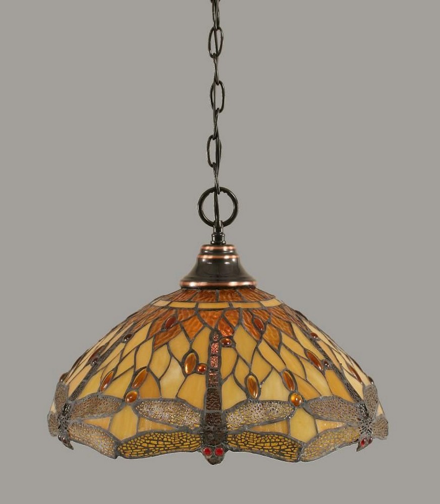 Toltec Lighting-10-BC-946-Any - 1 Light Chain Hung Pendant-12 Inches Tall and 16 Inches Wide Black Copper Amber Dragonfly Art Matte Black Finish with Amber Marble Glass