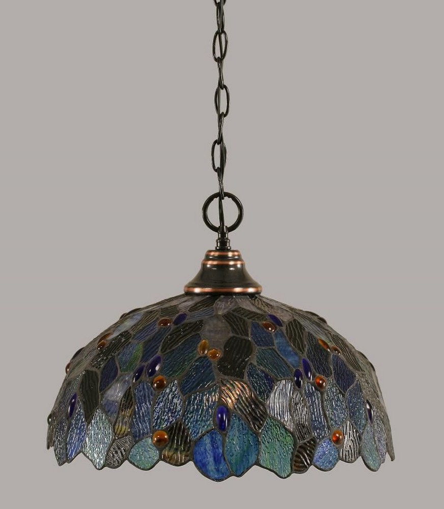 Toltec Lighting-10-BC-995-Any - 1 Light Chain Hung Pendant-12.5 Inches Tall and 16 Inches Wide Black Copper Blue Mosaic Art Dark Granite Finish with Roman Jewel Tiffany Glass