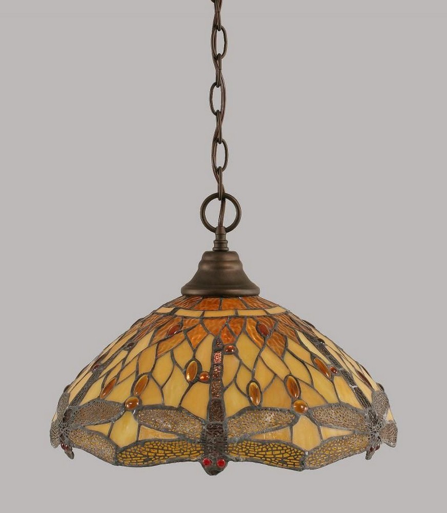 Toltec Lighting-10-BRZ-946-Any - 1 Light Chain Hung Pendant-12 Inches Tall and 16 Inches Wide Bronze Amber Dragonfly Art Matte Black Finish with Amber Marble Glass