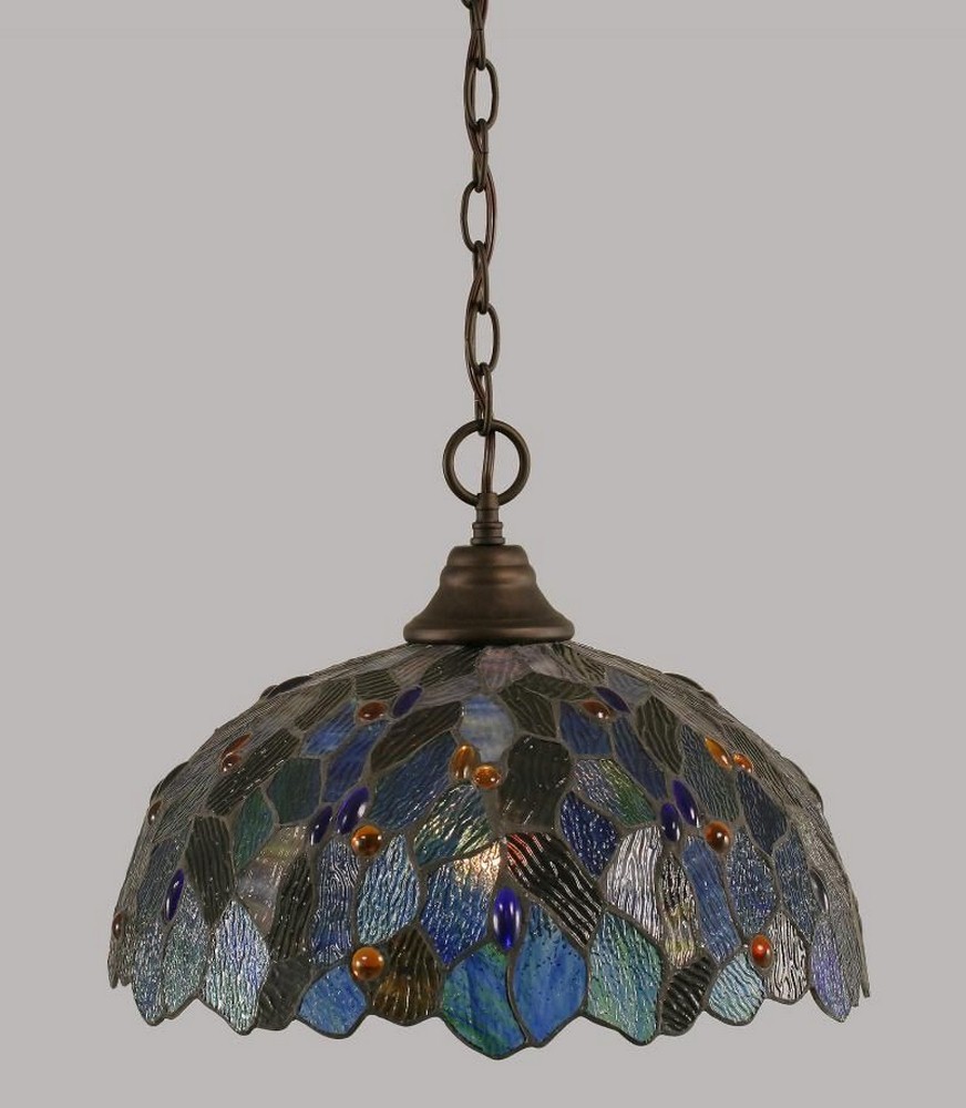 Toltec Lighting-10-BRZ-995-One Light 16 Inch Chain Hung Pendant-16 Inches Wide by 12.5 Inches High   Bronze Finish with Blue Mosaic Tiffany Glass