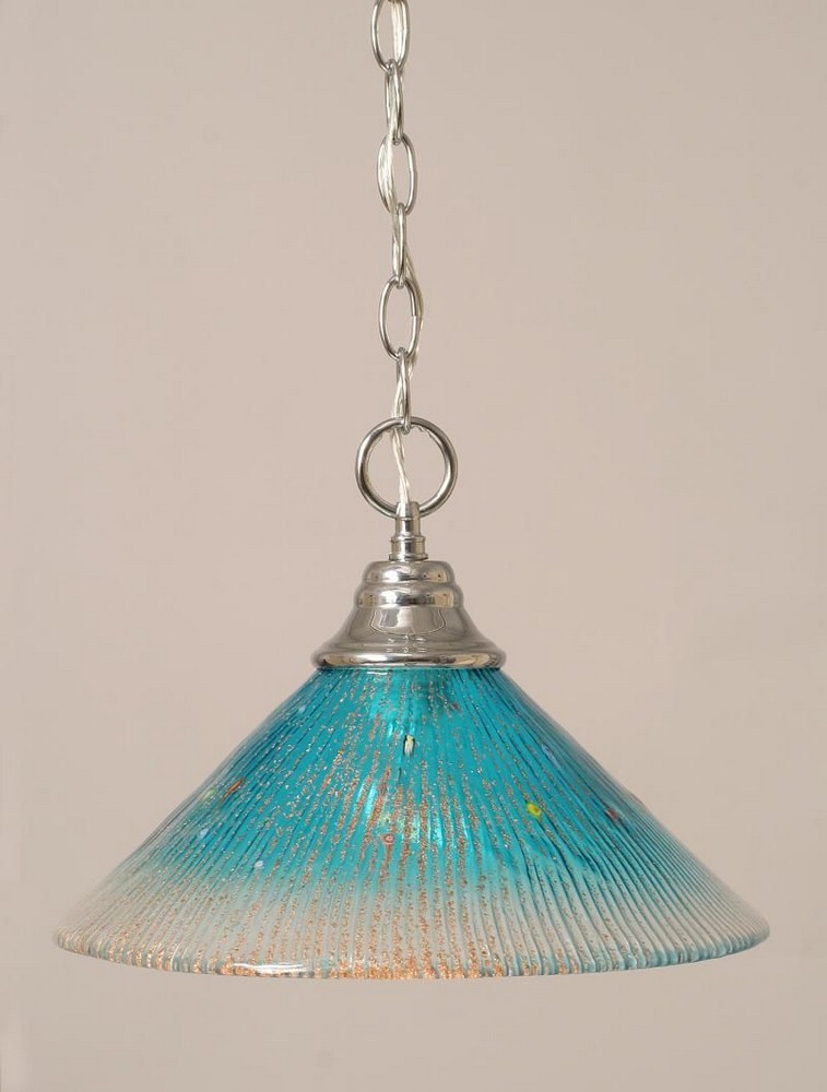 Toltec Lighting-10-CH-448-Hung-One Light Chain Pendant-14 Inches Wide by 9.75 Inches High   Chrome Finish with Teal Crystal Glass