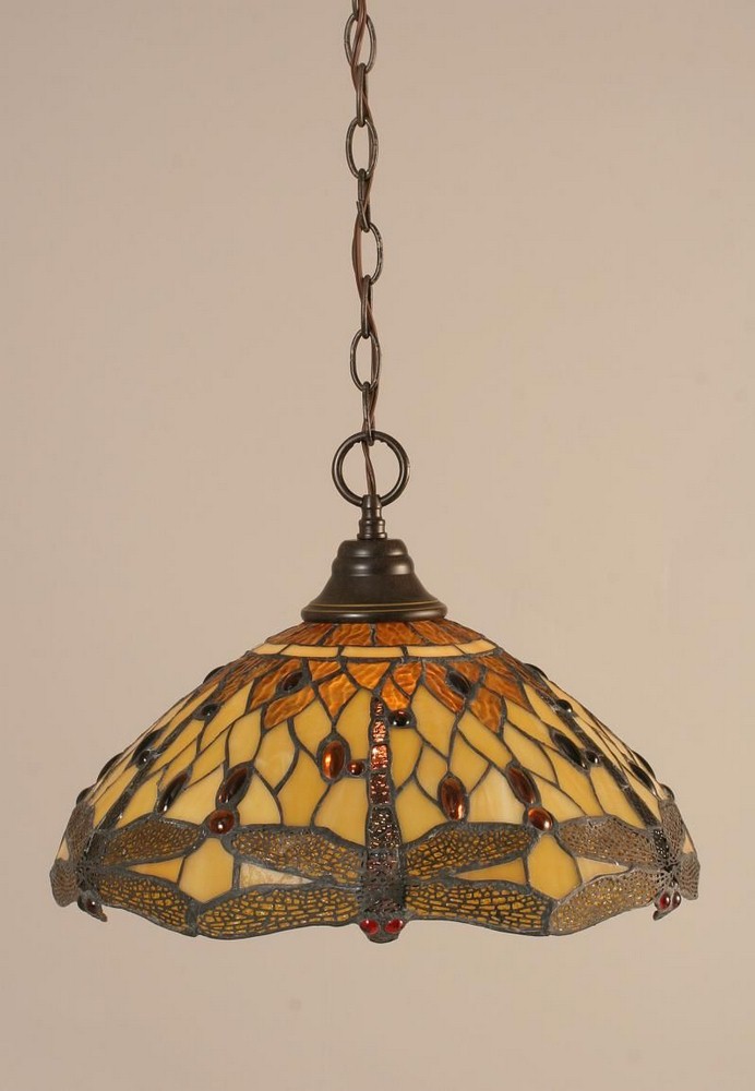 Toltec Lighting-10-DG-946-Any - 1 Light Chain Hung Pendant-11.75 Inches Tall and 16 Inches Wide Dark Granite Amber Dragonfly Art Chrome Finish with Pewter Tiffany Glass